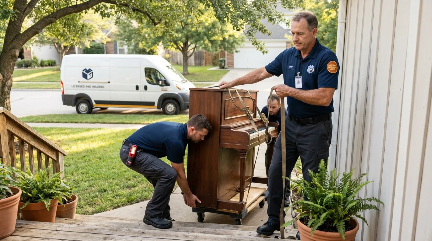 Licensed piano movers securing grand piano in Clewiston, FL