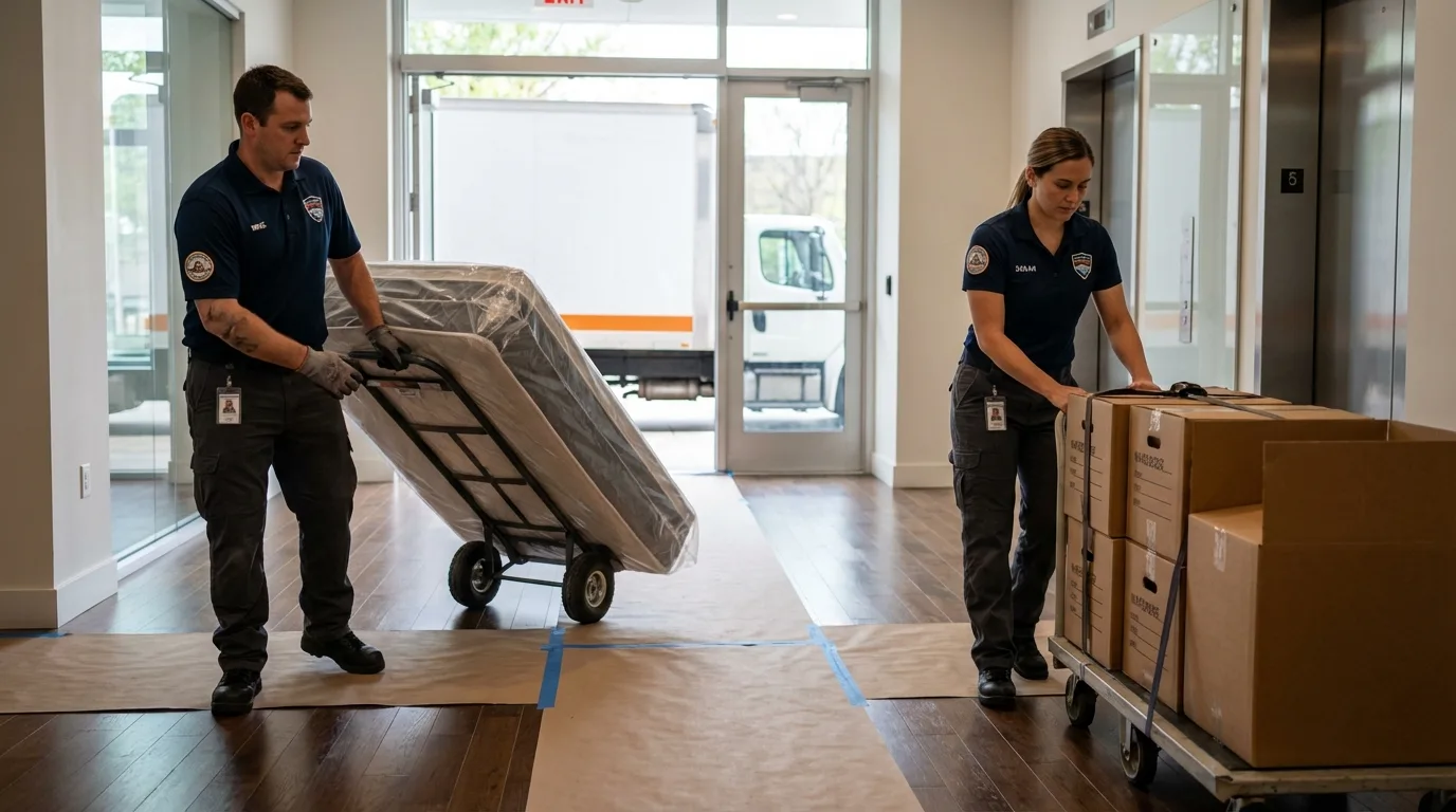 Professional apartment movers loading elevator in Clewiston, FL